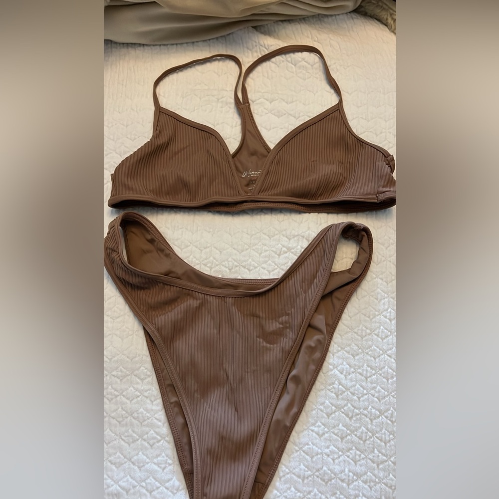 LA Hearts Brown Ribbed Bikini Set